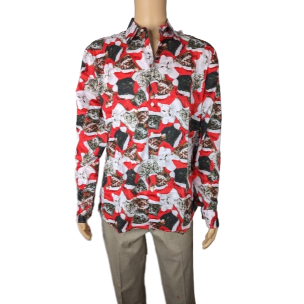 North Pole Trading Co. Christmas Santa Cats Spread Collar Shirt L